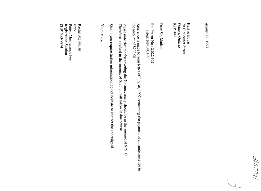 Canadian Patent Document 2022302. Correspondence 19970812. Image 1 of 2