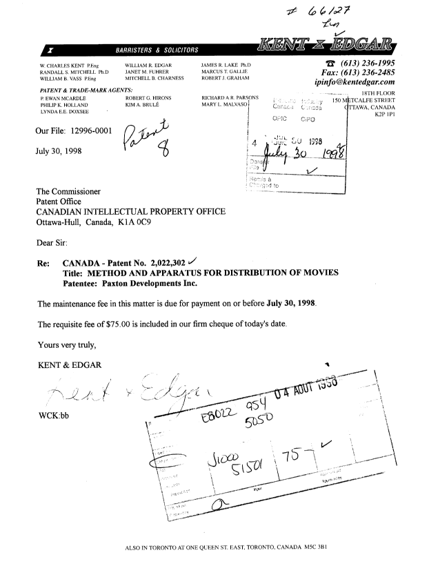 Document de brevet canadien 2022302. Taxes 19980730. Image 1 de 1
