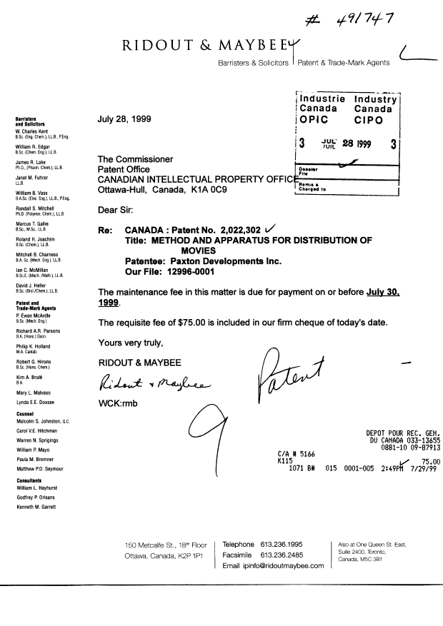 Document de brevet canadien 2022302. Taxes 19990728. Image 1 de 1