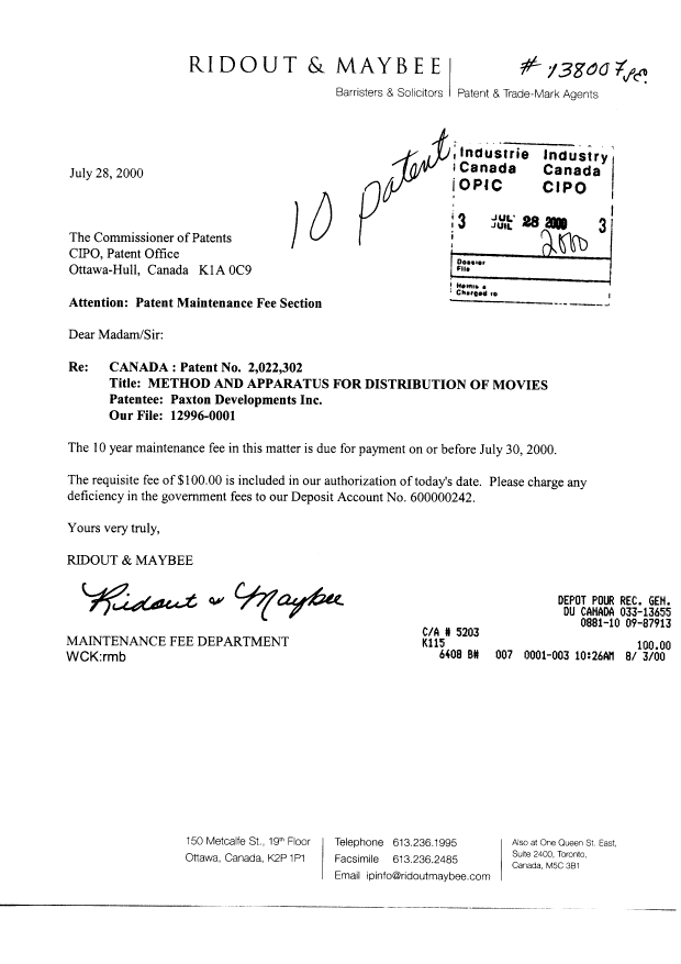 Document de brevet canadien 2022302. Taxes 20000728. Image 1 de 1