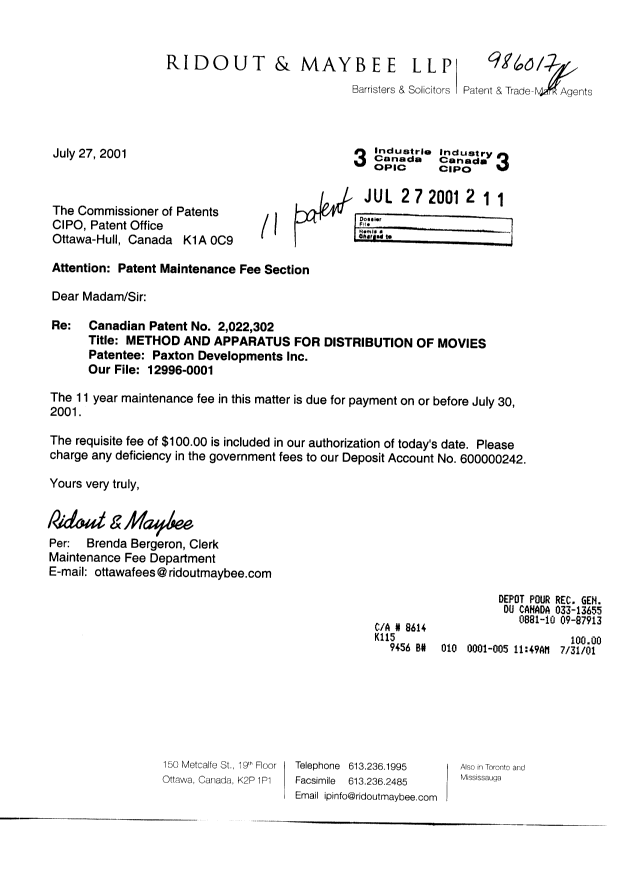 Document de brevet canadien 2022302. Taxes 20010727. Image 1 de 1