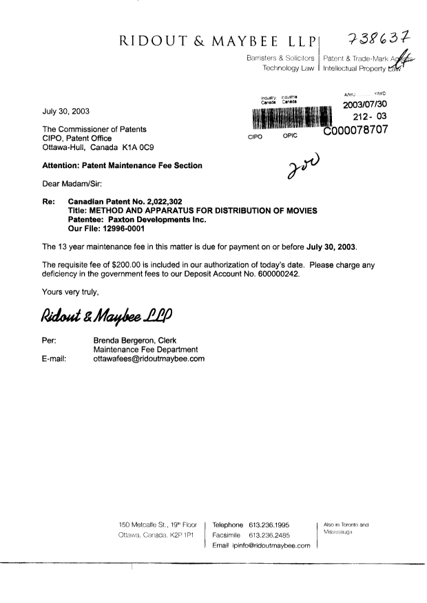 Canadian Patent Document 2022302. Fees 20030730. Image 1 of 1