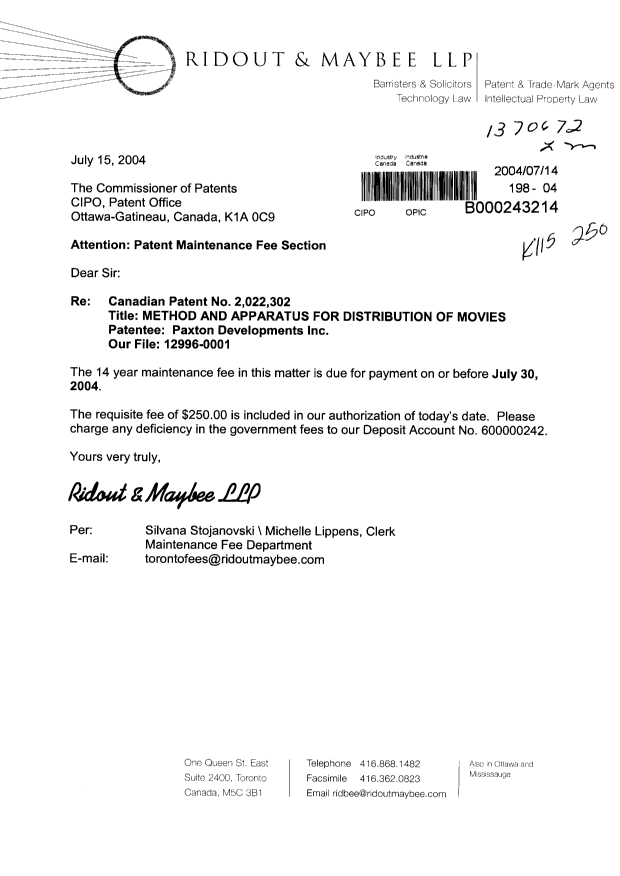 Canadian Patent Document 2022302. Fees 20040714. Image 1 of 1