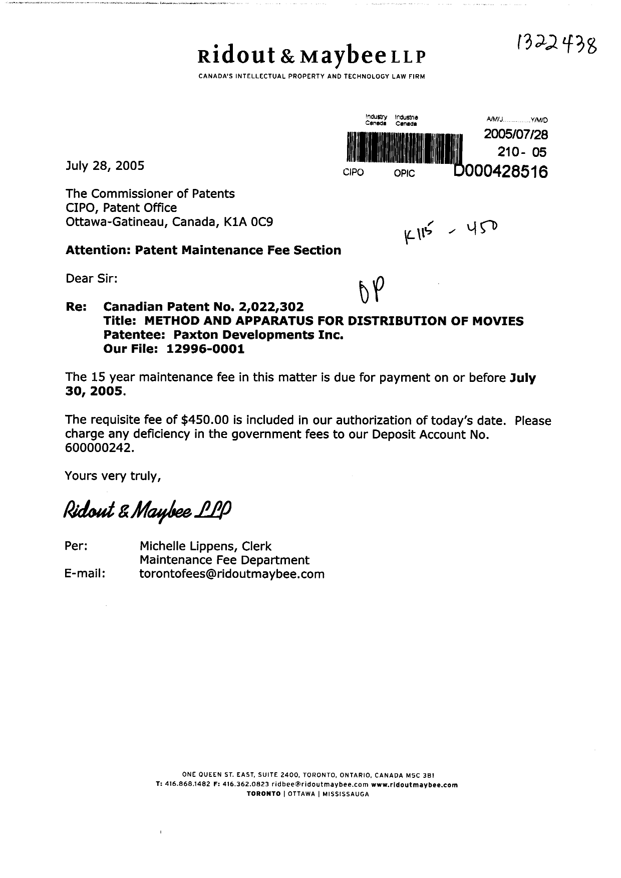 Canadian Patent Document 2022302. Fees 20050728. Image 1 of 1