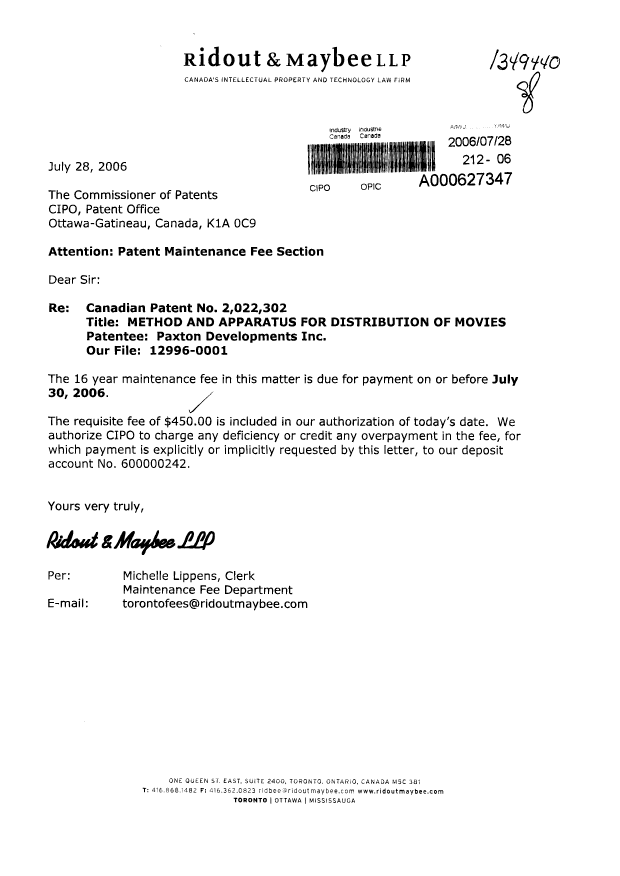 Canadian Patent Document 2022302. Fees 20060728. Image 1 of 1