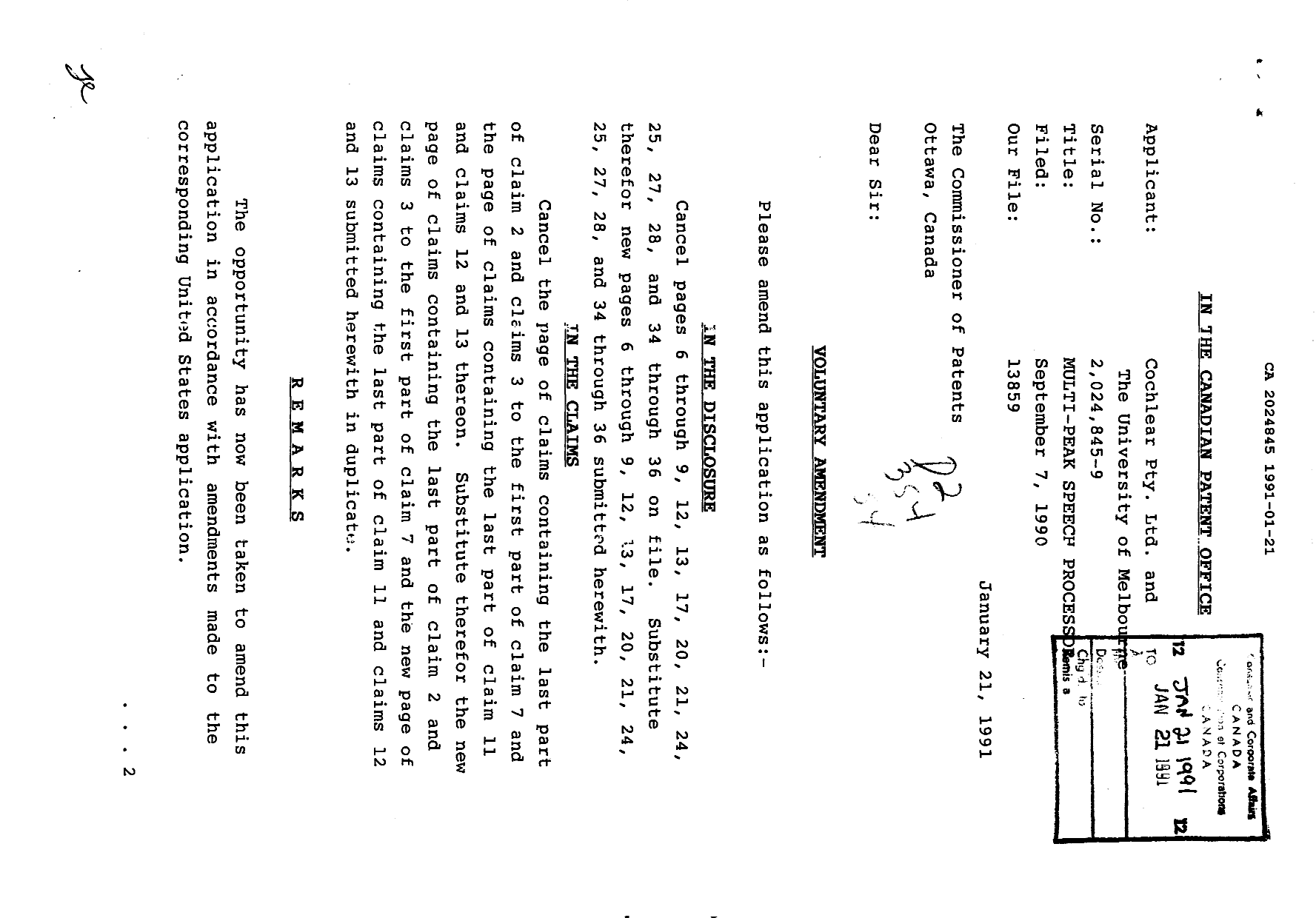 Canadian Patent Document 2024845. Prosecution-Amendment 19901221. Image 1 of 4