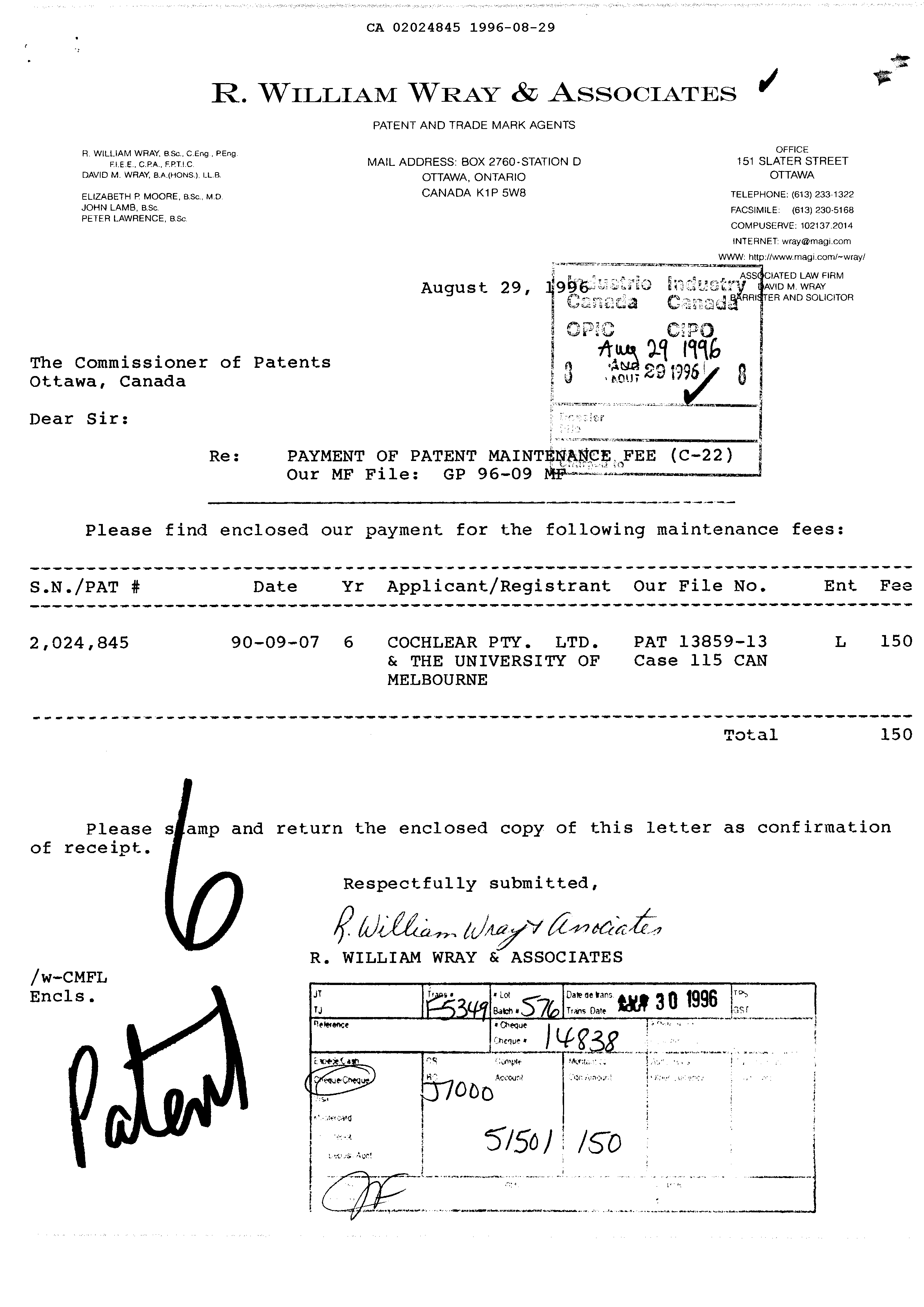 Document de brevet canadien 2024845. Taxes 19951229. Image 1 de 1
