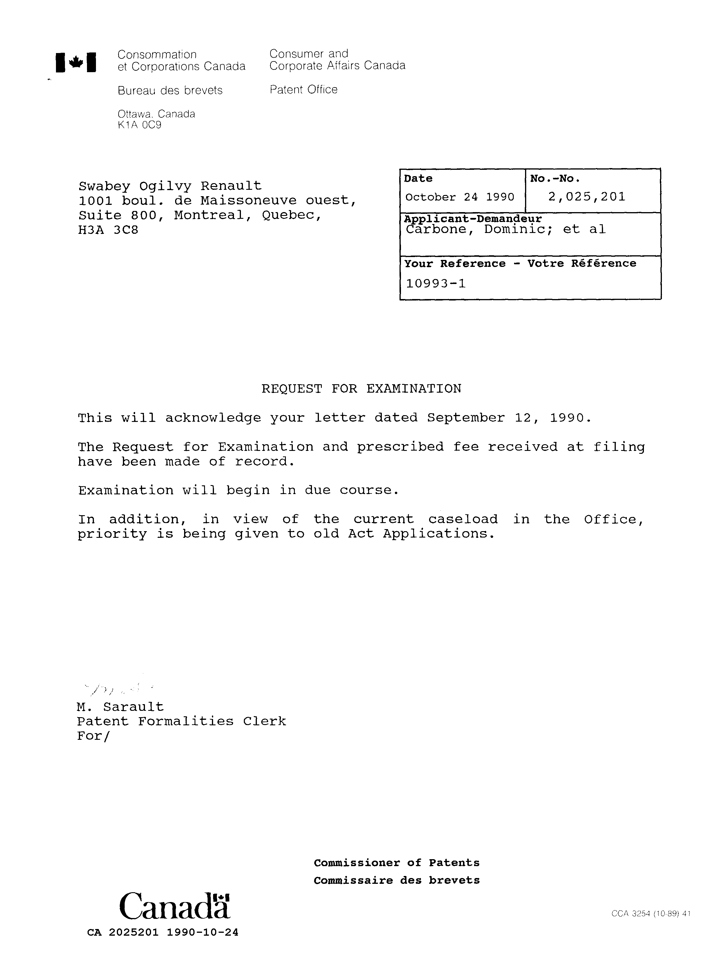 Canadian Patent Document 2025201. Office Letter 19901024. Image 1 of 1