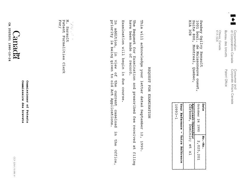 Document de brevet canadien 2025201. Lettre du bureau 19901024. Image 1 de 1