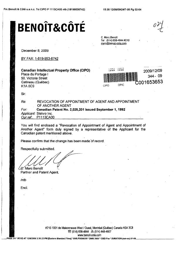 Document de brevet canadien 2025201. Correspondance 20091209. Image 1 de 4