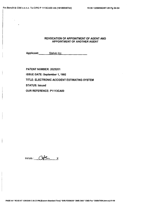Canadian Patent Document 2025201. Correspondence 20091209. Image 3 of 4