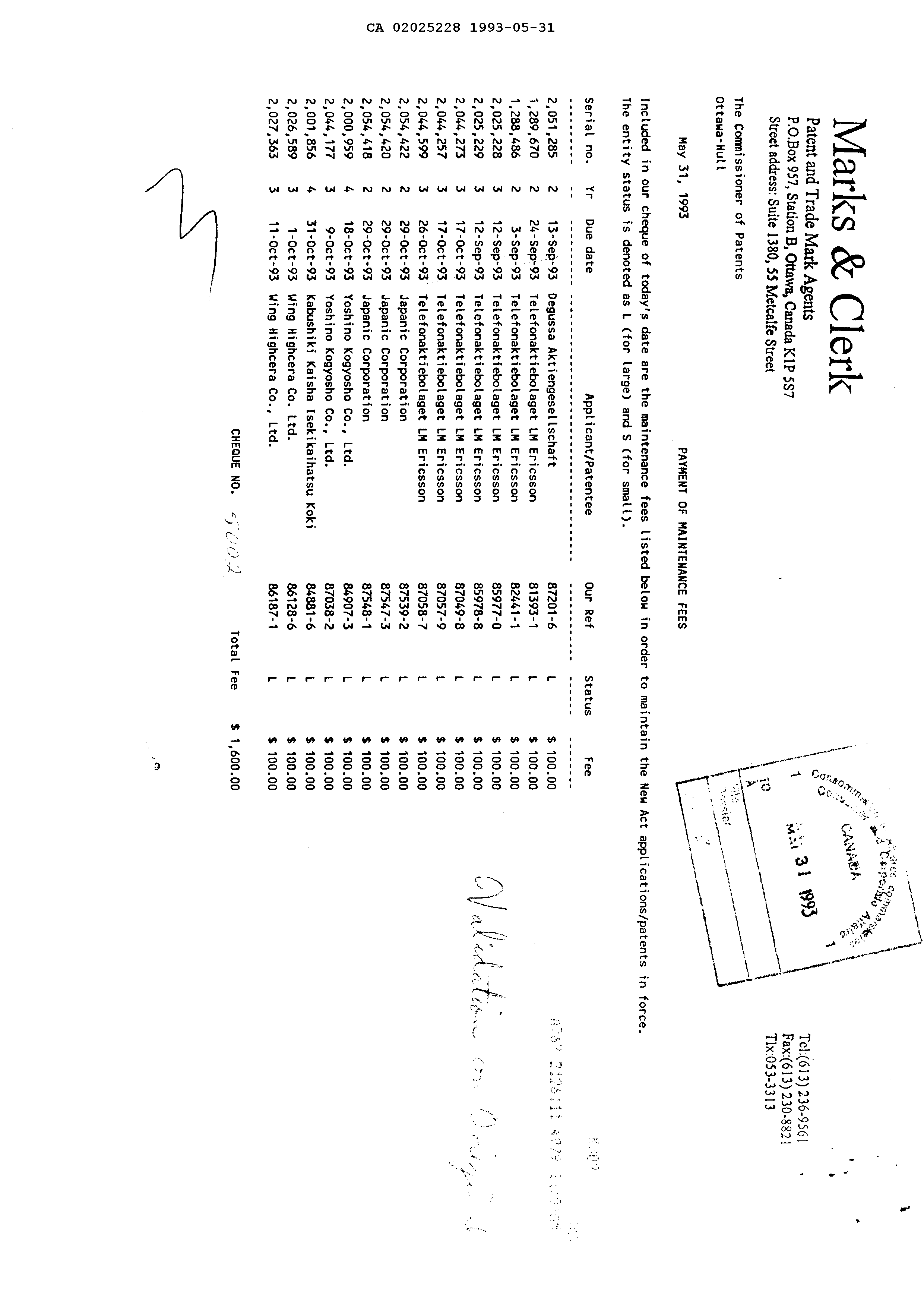 Document de brevet canadien 2025228. Taxes 19930531. Image 1 de 1