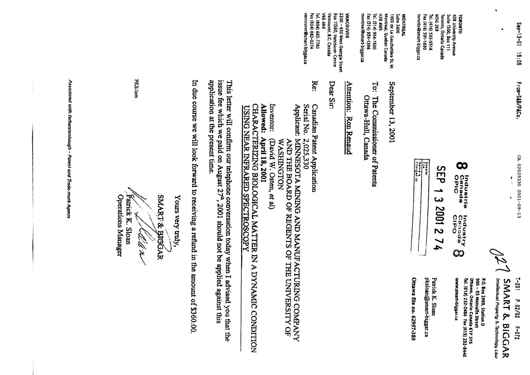Canadian Patent Document 2025330. Prosecution-Amendment 20010913. Image 1 of 1