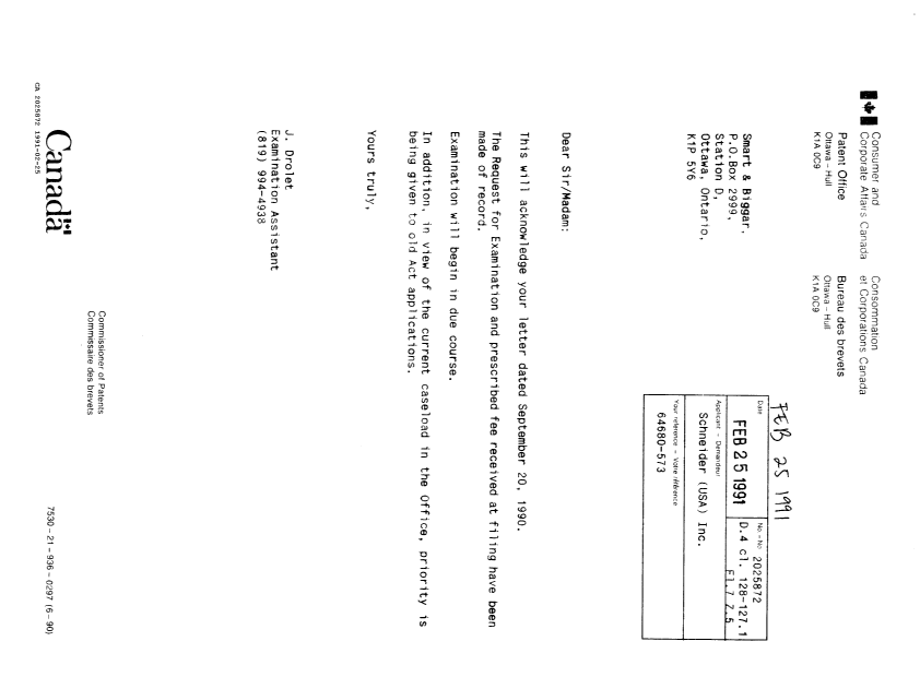 Document de brevet canadien 2025872. Lettre du bureau 19910225. Image 1 de 1