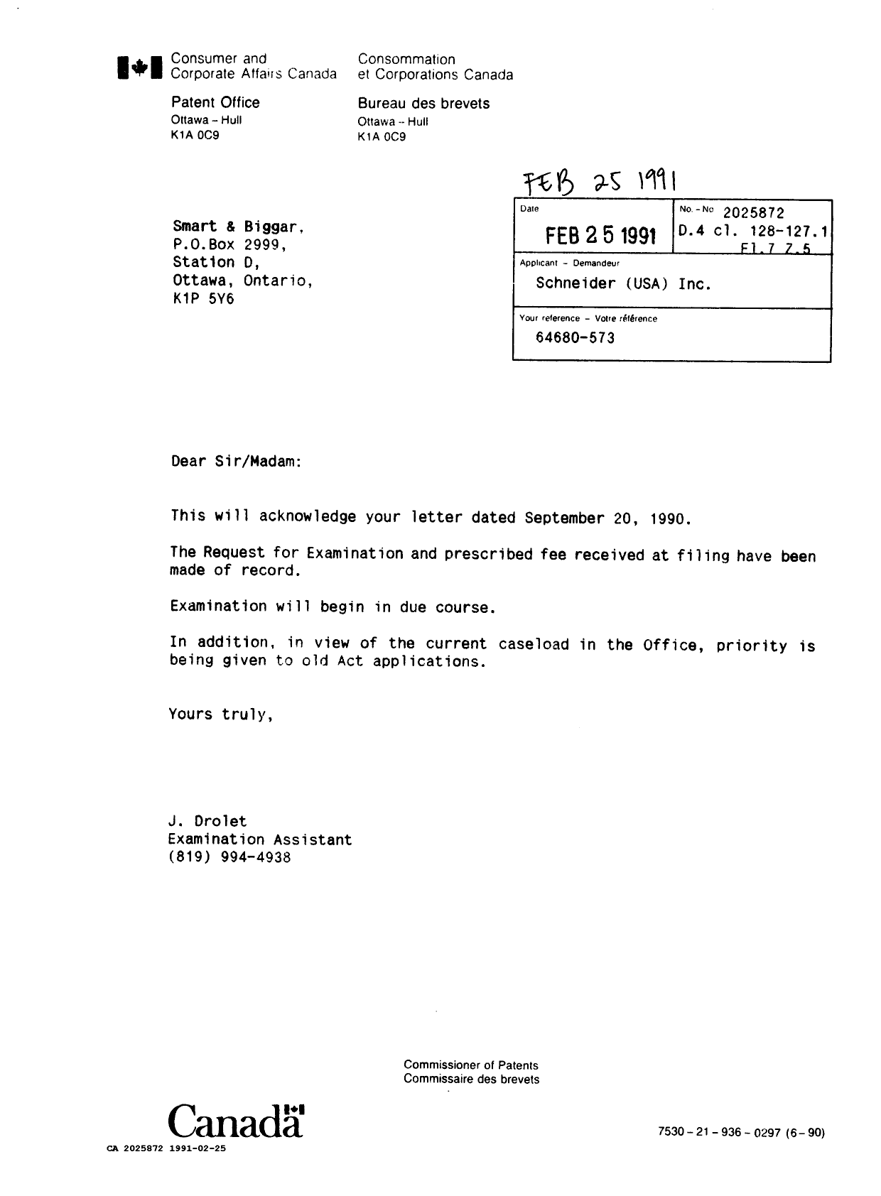 Document de brevet canadien 2025872. Lettre du bureau 19910225. Image 1 de 1