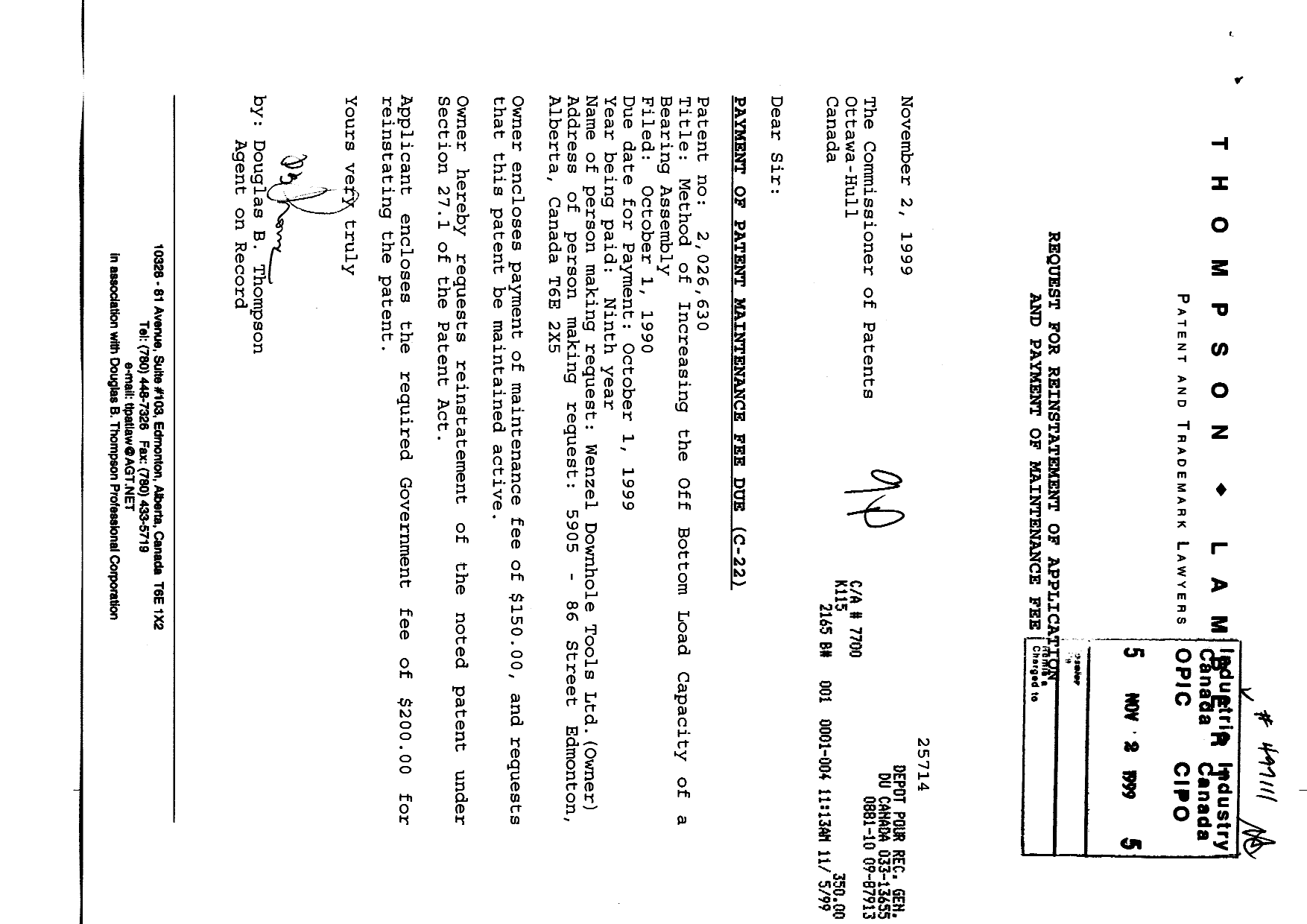 Canadian Patent Document 2026630. Fees 19991102. Image 1 of 1