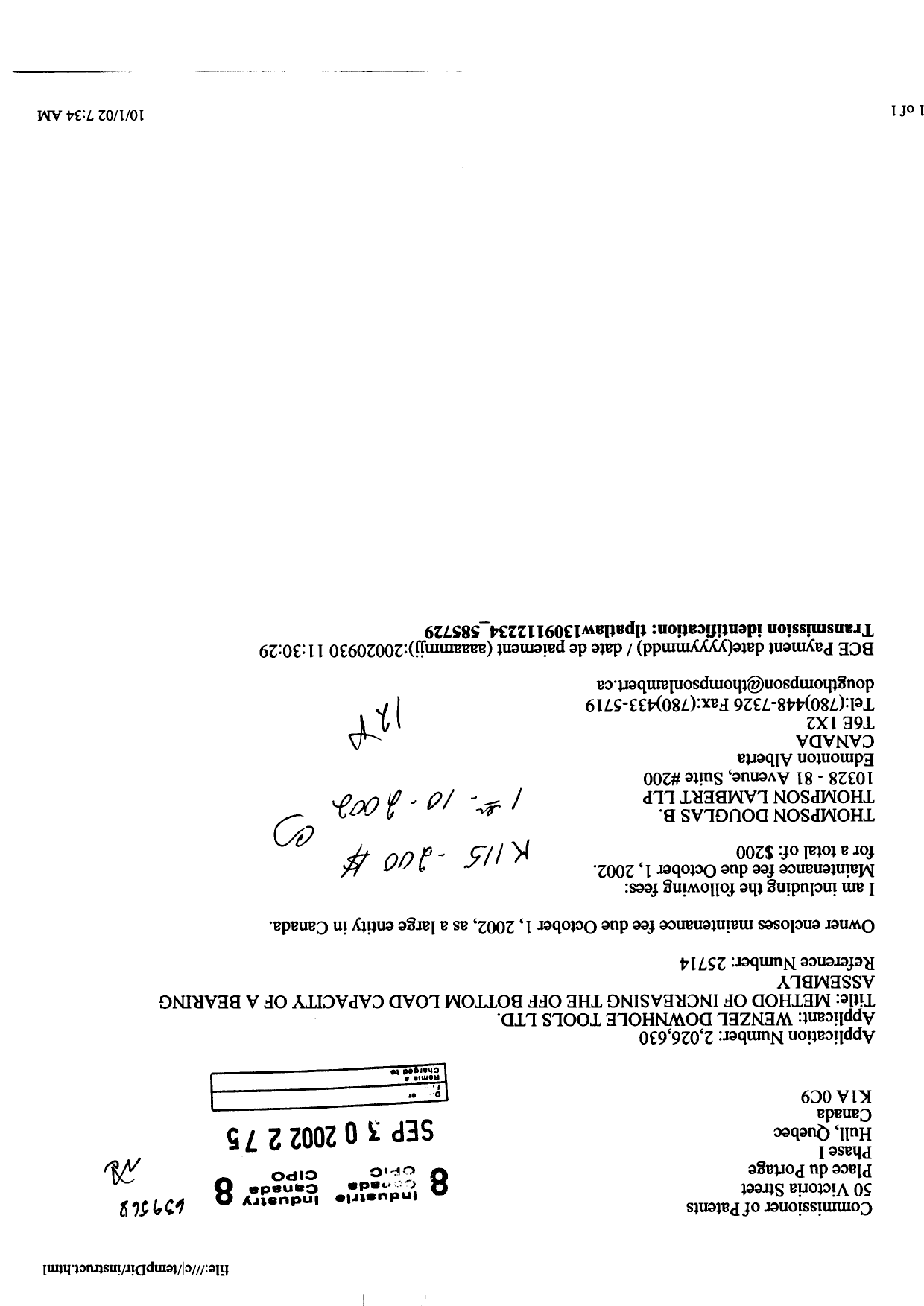 Canadian Patent Document 2026630. Fees 20011230. Image 1 of 1