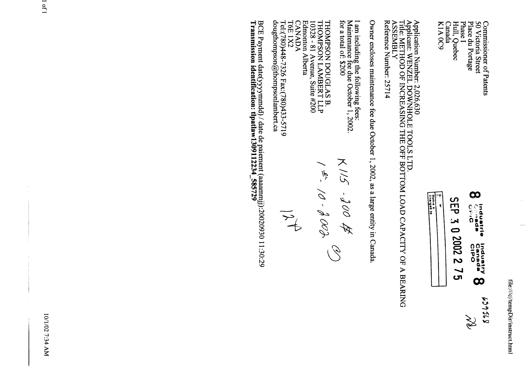 Document de brevet canadien 2026630. Taxes 20011230. Image 1 de 1