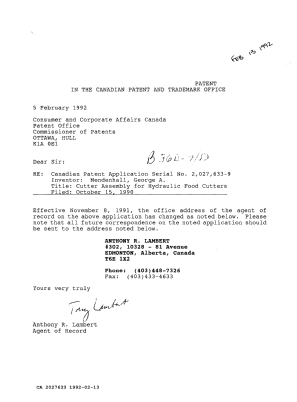 Document de brevet canadien 2027633. Correspondance reliée au PCT 19920213. Image 1 de 1