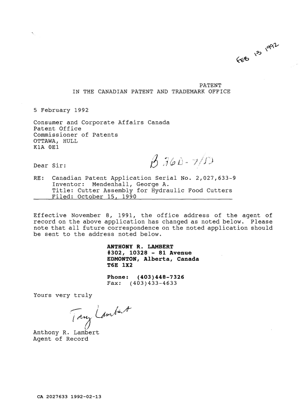 Canadian Patent Document 2027633. PCT Correspondence 19920213. Image 1 of 1