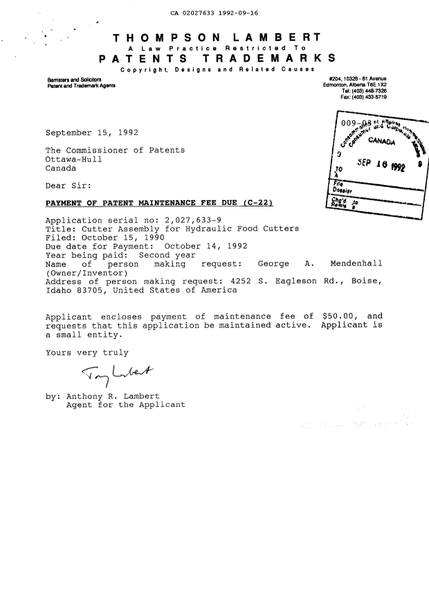 Document de brevet canadien 2027633. Taxes 19920916. Image 1 de 1
