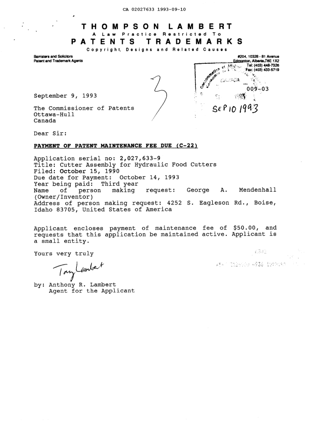 Canadian Patent Document 2027633. Fees 19930910. Image 1 of 1