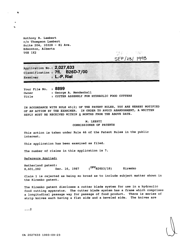 Document de brevet canadien 2027633. Demande d'examen 19930923. Image 1 de 2