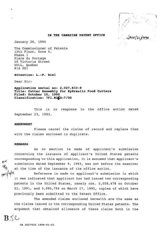 Document de brevet canadien 2027633. Correspondance de la poursuite 19940121. Image 1 de 2
