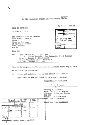 Document de brevet canadien 2027633. Correspondance reliée au PCT 19941005. Image 1 de 1