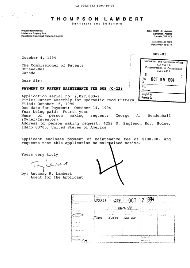 Document de brevet canadien 2027633. Taxes 19941005. Image 1 de 1