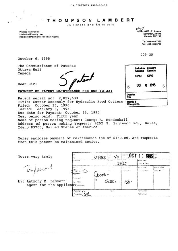 Document de brevet canadien 2027633. Taxes 19951006. Image 1 de 1