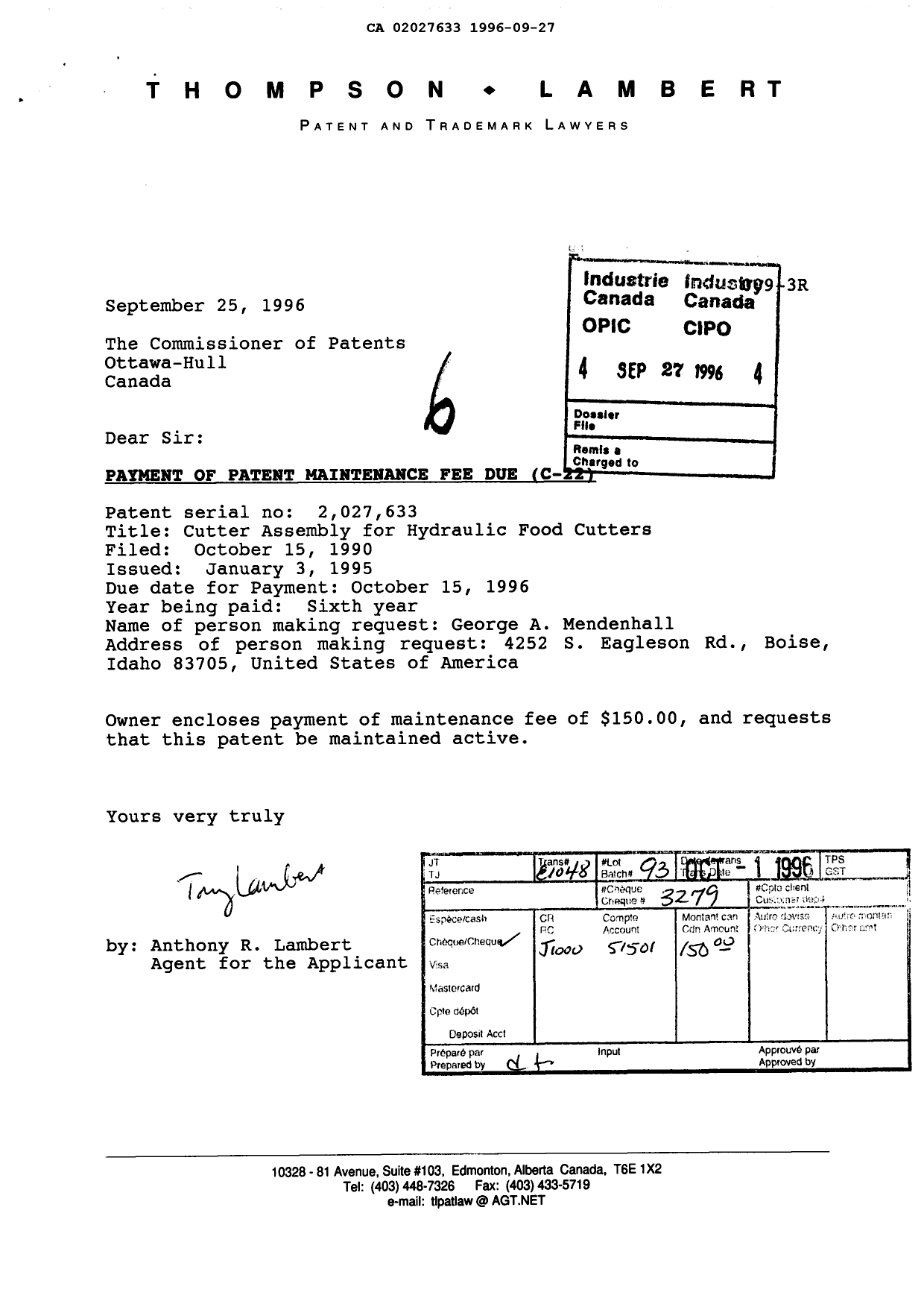 Document de brevet canadien 2027633. Taxes 19960927. Image 1 de 1