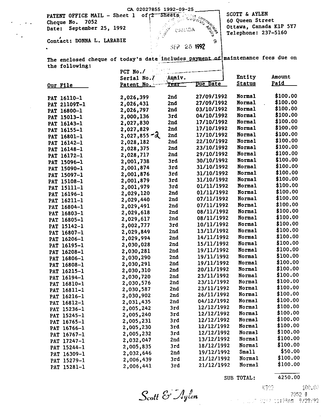 Document de brevet canadien 2027855. Taxes 19920925. Image 1 de 1