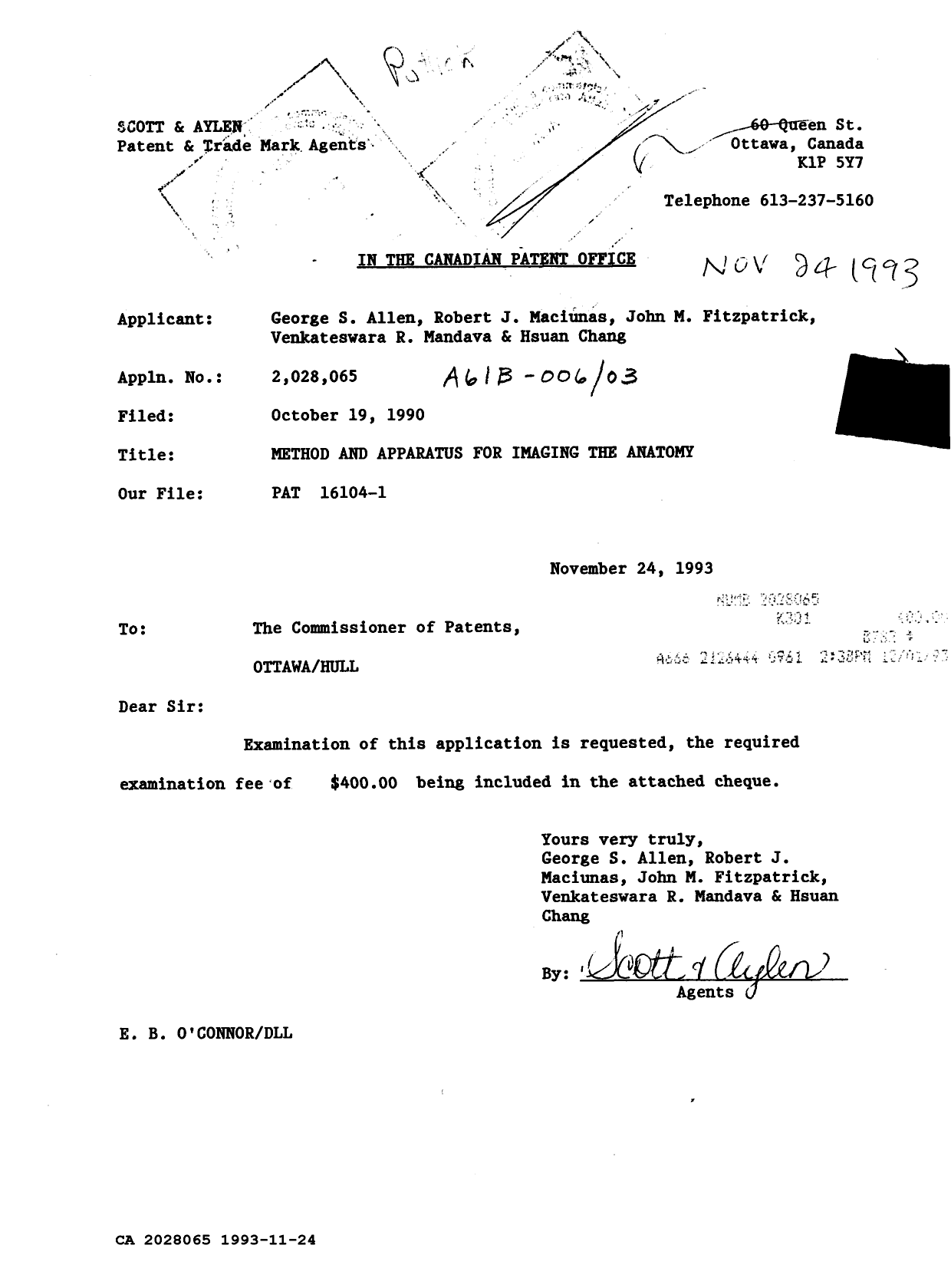 Document de brevet canadien 2028065. Correspondance de la poursuite 19931124. Image 1 de 1