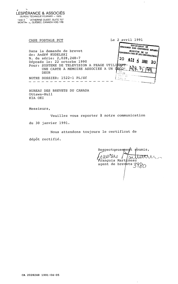 Document de brevet canadien 2028248. Correspondance reliée au PCT 19910405. Image 1 de 2