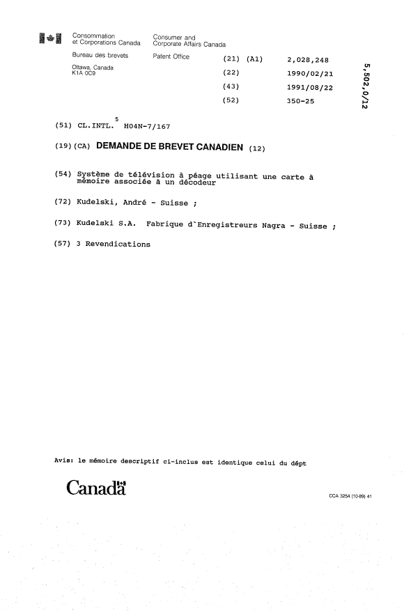 Canadian Patent Document 2028248. Cover Page 19940305. Image 1 of 1