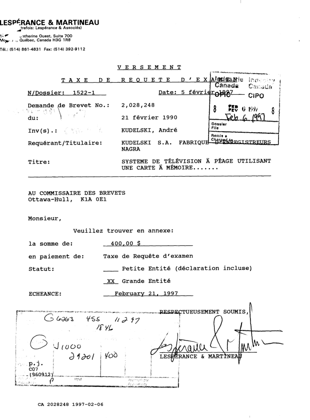 Canadian Patent Document 2028248. Prosecution Correspondence 19970206. Image 1 of 1