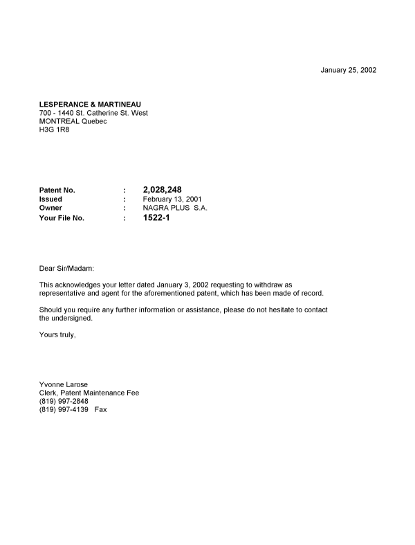 Document de brevet canadien 2028248. Correspondance 20020125. Image 1 de 1
