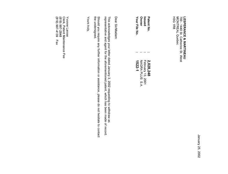 Canadian Patent Document 2028248. Correspondence 20020125. Image 1 of 1