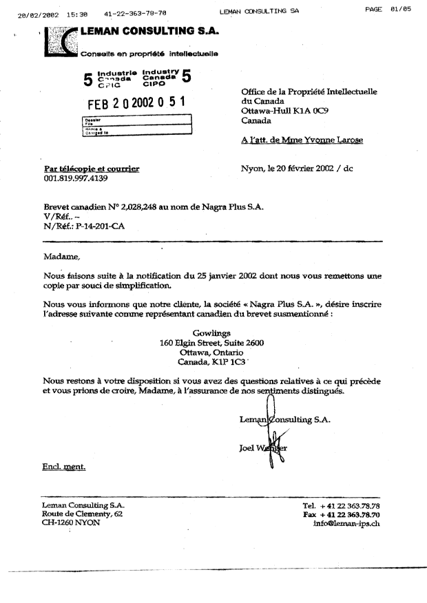 Canadian Patent Document 2028248. Correspondence 20020220. Image 1 of 2