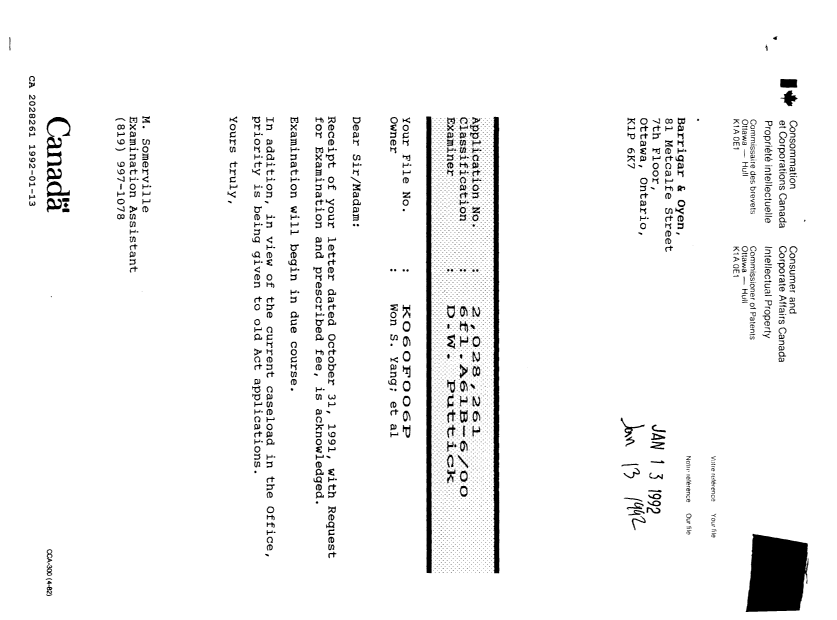 Document de brevet canadien 2028261. Lettre du bureau 19920113. Image 1 de 1