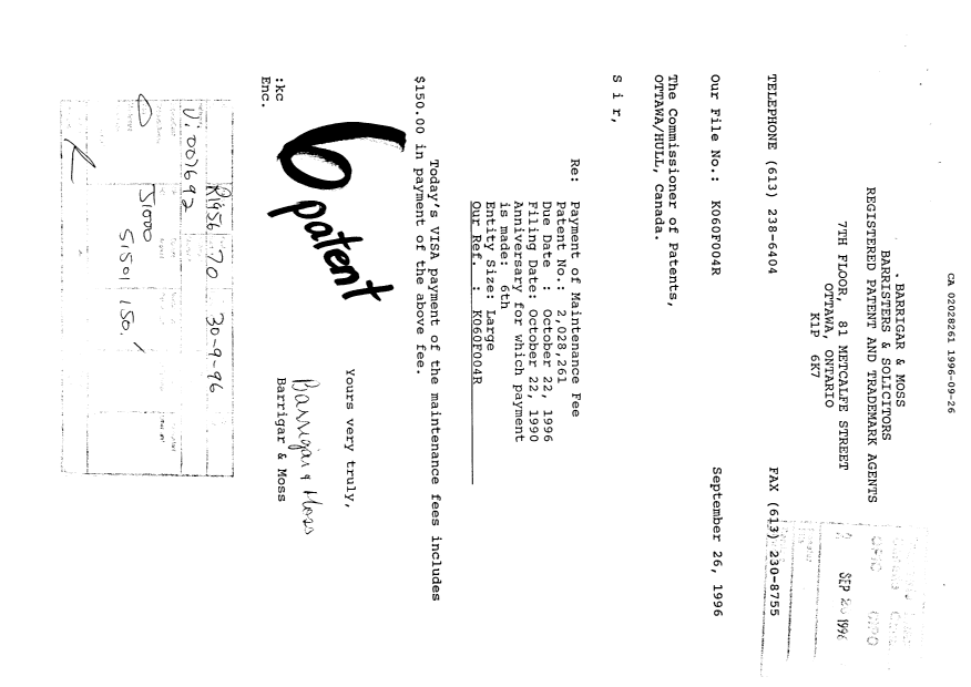 Document de brevet canadien 2028261. Taxes 19960926. Image 1 de 1
