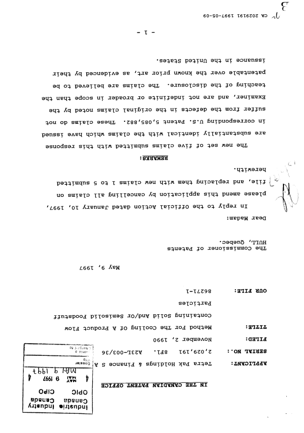 Canadian Patent Document 2029191. Prosecution Correspondence 19970509. Image 1 of 2