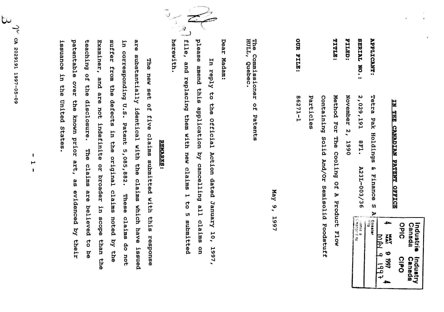Canadian Patent Document 2029191. Prosecution Correspondence 19970509. Image 1 of 2