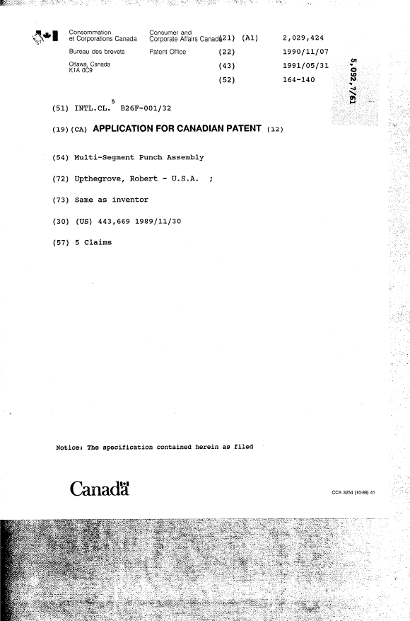 Canadian Patent Document 2029424. Cover Page 19910531. Image 1 of 1