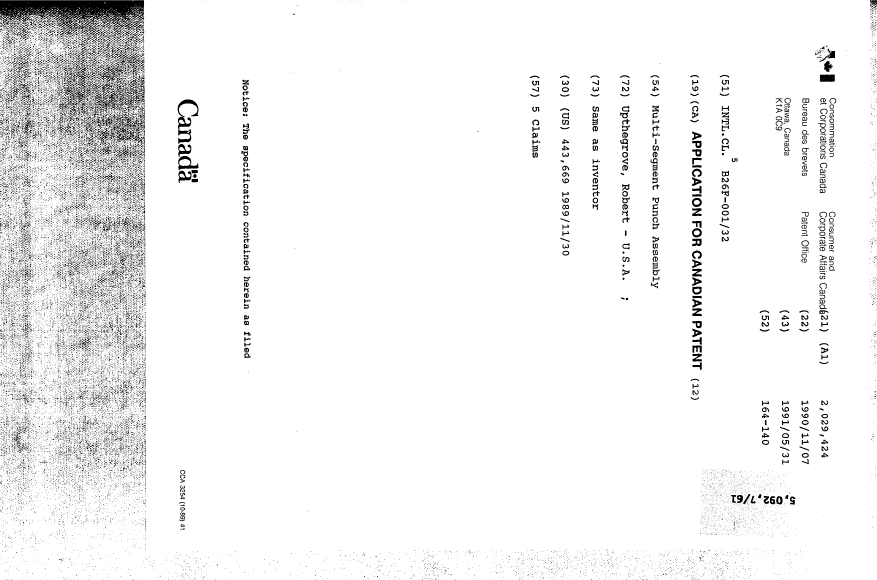 Document de brevet canadien 2029424. Page couverture 19910531. Image 1 de 1