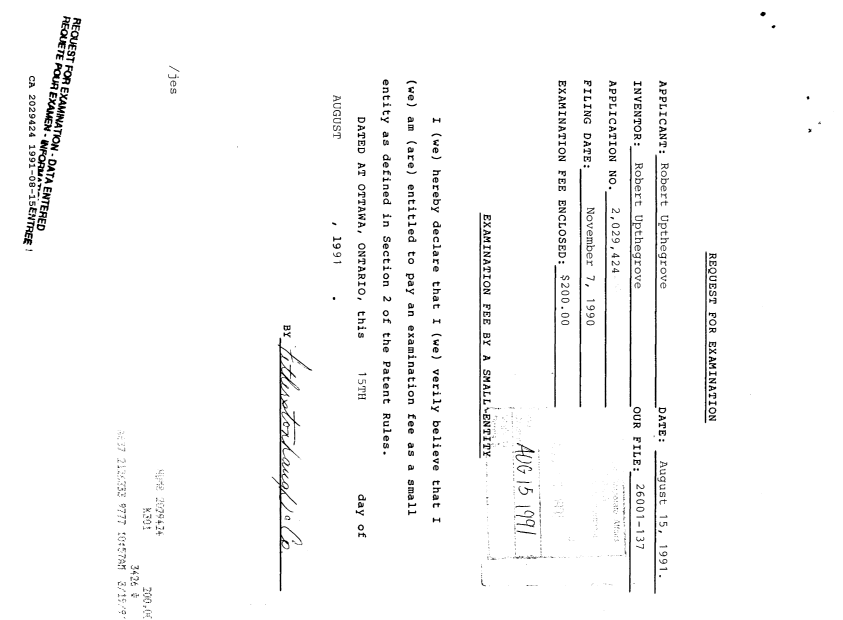 Document de brevet canadien 2029424. Correspondance de la poursuite 19910815. Image 1 de 1
