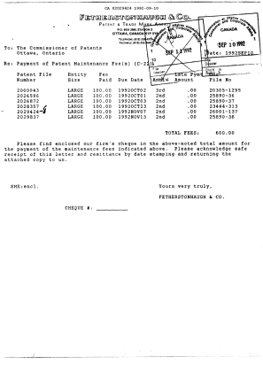 Document de brevet canadien 2029424. Taxes 19920910. Image 1 de 1