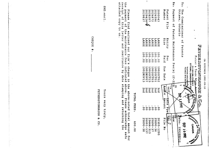 Document de brevet canadien 2029424. Taxes 19920910. Image 1 de 1