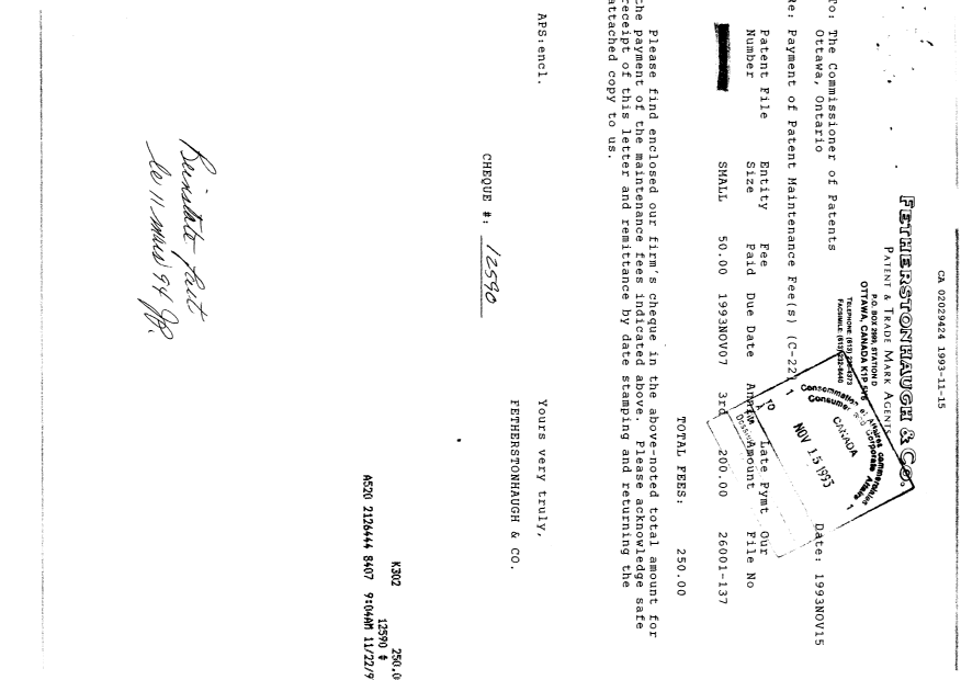 Document de brevet canadien 2029424. Taxes 19931115. Image 1 de 2